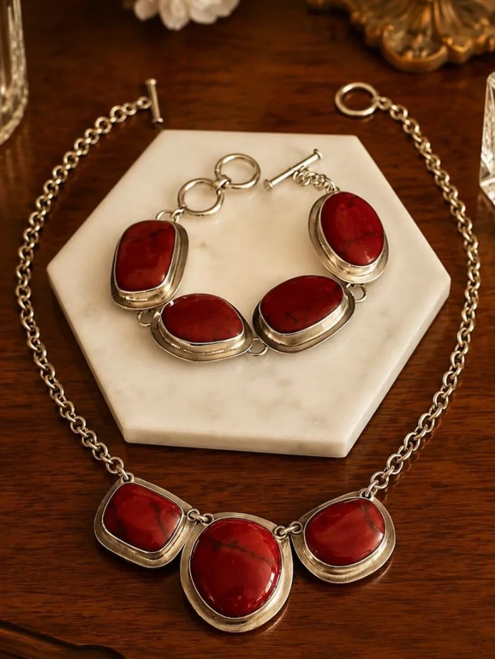 Vintage Taxco Mexico Sterling Silver Red Jasper Necklace & Bracelet Set 99g